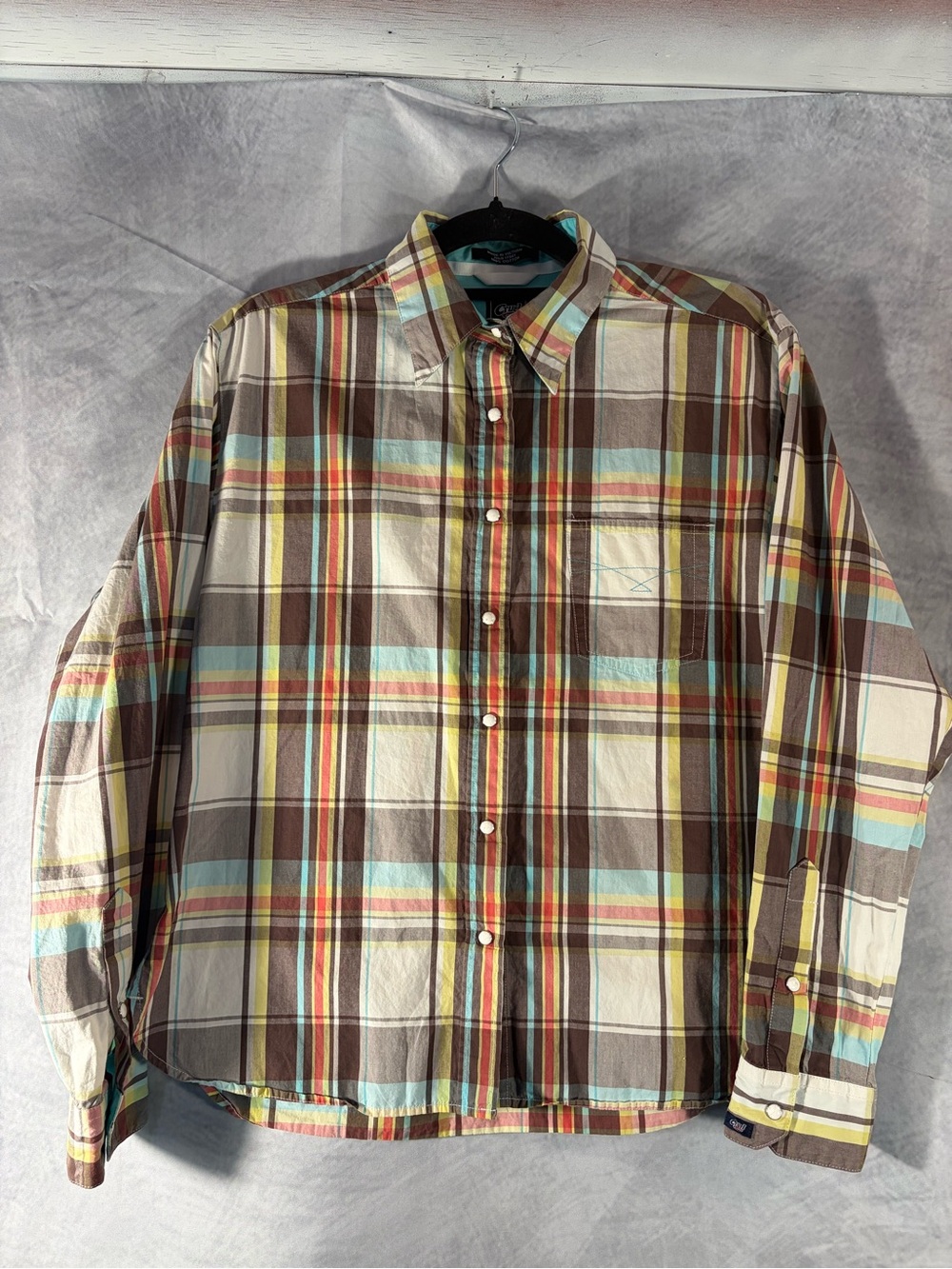 Cruel Girl Plaid Western Shirt Womens Medium Brown Multicolor Pearl Snap Top
